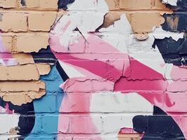 Bold graffiti art on urban brick surface with fading paint textures photo