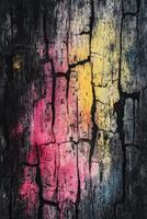 Colorful graffiti on a weathered wooden surface in an urban area photo