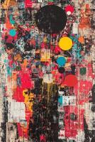 Vibrant urban graffiti art with geometric shapes on a textured wall photo