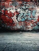 Urban graffiti artwork on weathered brick wall in alleyway photo