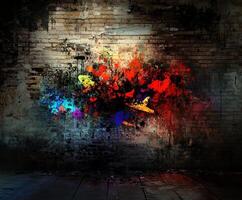 Colorful graffiti art on a distressed brick wall in an urban setting photo