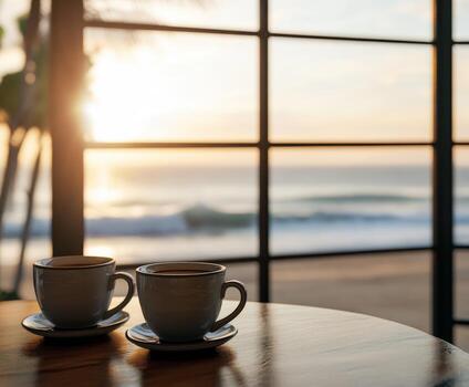 Coffee cups on table in front of window with ocean view photo