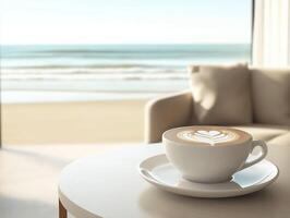 Coffee cup on the table with the sea in the background 3d illustration photo