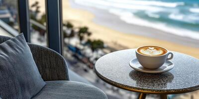 A coffee cup sitting on a table next to a beach photo