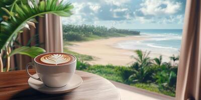 Coffee on the table with a view of the beach and palm trees photo