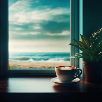 Enjoying coffee by the ocean view at dawn photo