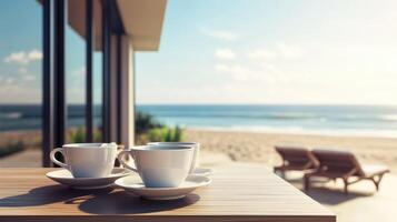Coffee cups on a table with the ocean in the background photo