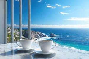 Coffee on a sunny balcony overlooking the ocean photo