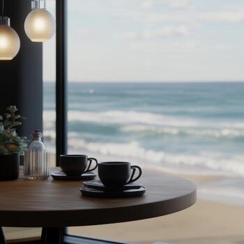 Enjoying coffee by the ocean view on a sunny day photo