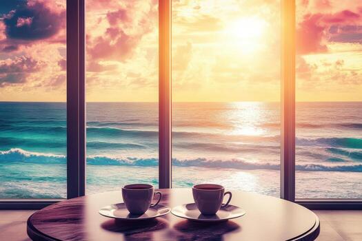 Coffee cups on table in front of window with ocean view photo