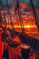 Enjoying coffee at sunset on a sailing ship photo