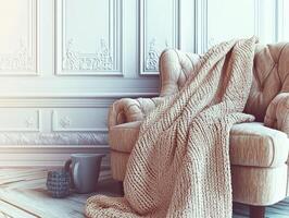 Inviting cozy living room with soft blanket photo