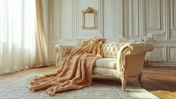 Cozy living room with soft blanket draped photo