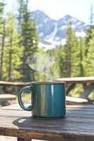 A blue mug on a table photo