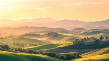 A beautiful landscape with hills and trees at sunrise photo