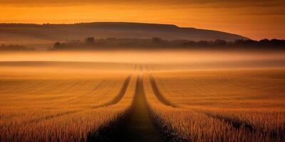A long road runs through a field of wheat photo