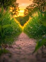Path through a cornfield at sunset photo