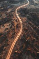 An aerial view of a dirt road in the middle of a desert photo