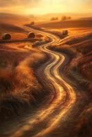 A long road in the middle of a field at sunset photo