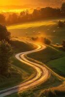 A winding road in the countryside at sunset photo