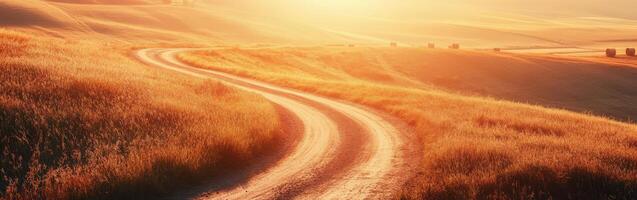 A dirt road winding through a grassy hill at sunset photo