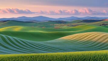 A beautiful landscape with green hills and rolling hills photo