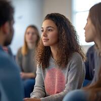 Group therapy session with young adults in discussion photo