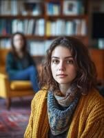 Group therapy session with psychologist in cozy setting photo
