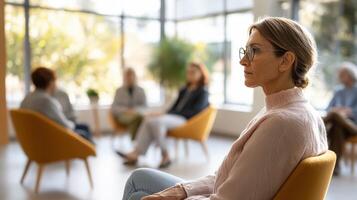 Group therapy session with a psychologist in a serene setting photo