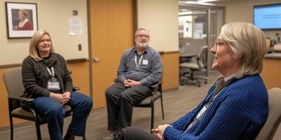 Three people sitting in chairs in an office photo