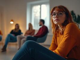 Group therapy session with psychologist leading photo