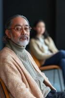 Psychologist leading group therapy session in a calm setting photo
