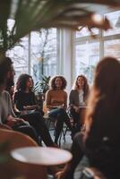Group therapy session with diverse participants in nature photo