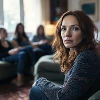 Psychologist leads group therapy session in cozy room photo