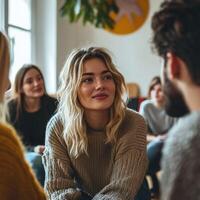 Psychologist leading group therapy session with participants photo