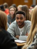 Group therapy session led by psychologist in a classroom photo