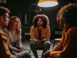 Group therapy session with a psychologist in a cozy setting photo