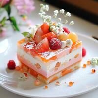 A dessert on a plate with strawberries and other fruit photo