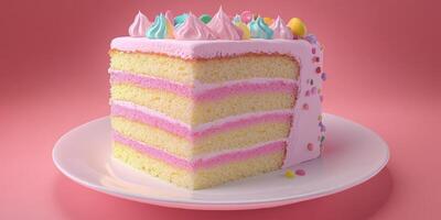A piece of cake on a plate with pink and yellow frosting photo