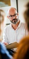 Psychologist leading group therapy session in a counseling center photo