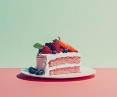 A piece of cake with berries and cream on a plate photo