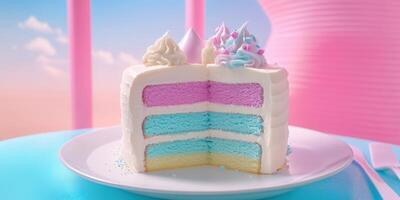 A slice of rainbow cake on a plate photo