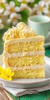 A slice of cake on a plate with flowers photo