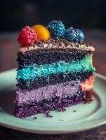 A piece of cake with a rainbow of colors photo