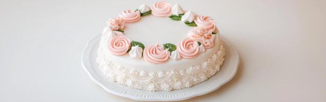 A white cake with pink roses on top photo