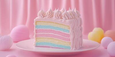 A piece of cake with rainbow frosting on it photo