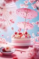 Delightful bento cake adorned with pink umbrellas photo