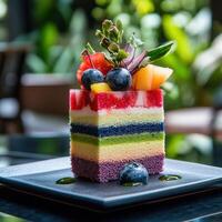 Colorful bento cake topped with fresh fruit slices photo