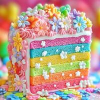 A piece of cake with colorful frosting and sprinkles photo