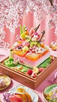Bento cake decorated with flowers and fruit slices photo